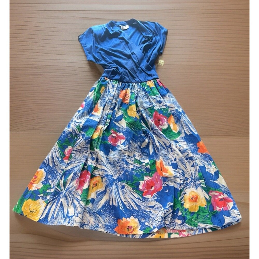 VTG IFI Floral Midi Dress Blue Wrap Top Size 9/10 Tropical USA High Waisted Boho